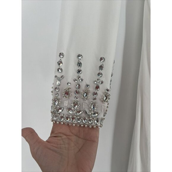 Mac Duggal Womens Sz 8 White Beaded Cuff Drop Shoulder Faux Wrap Gown Dress New - Picture 5 of 13